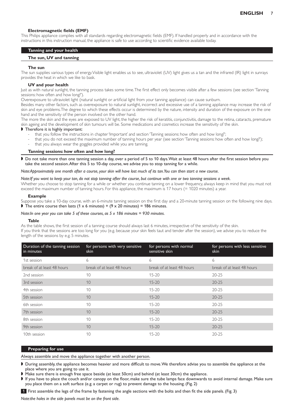 Tanning and your health, The sun, uv and tanning, The sun | Uv and your health, Tanning sessions: how often and how long, Example, Table, Preparing for use | Philips HB594 User Manual | Page 7 / 88