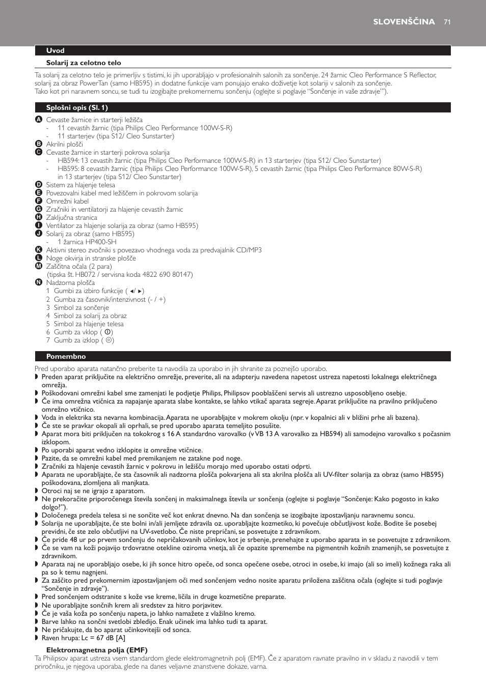 Slovenščina, Uvod, Solarij za celotno telo | Elektromagnetna polja (emf), Splošni opis﻿ (sl. 1), Pomembno | Philips HB594 User Manual | Page 71 / 88