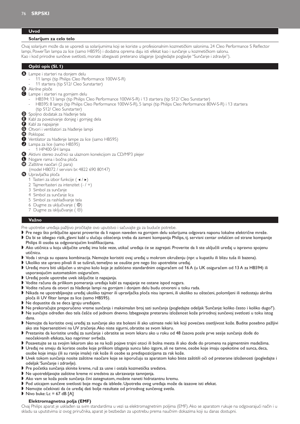 Srpski, Uvod, Solarijum za celo telo | Elektromagnetna polja (emf), Opšti opis﻿ (sl. 1), Važno | Philips HB594 User Manual | Page 76 / 88