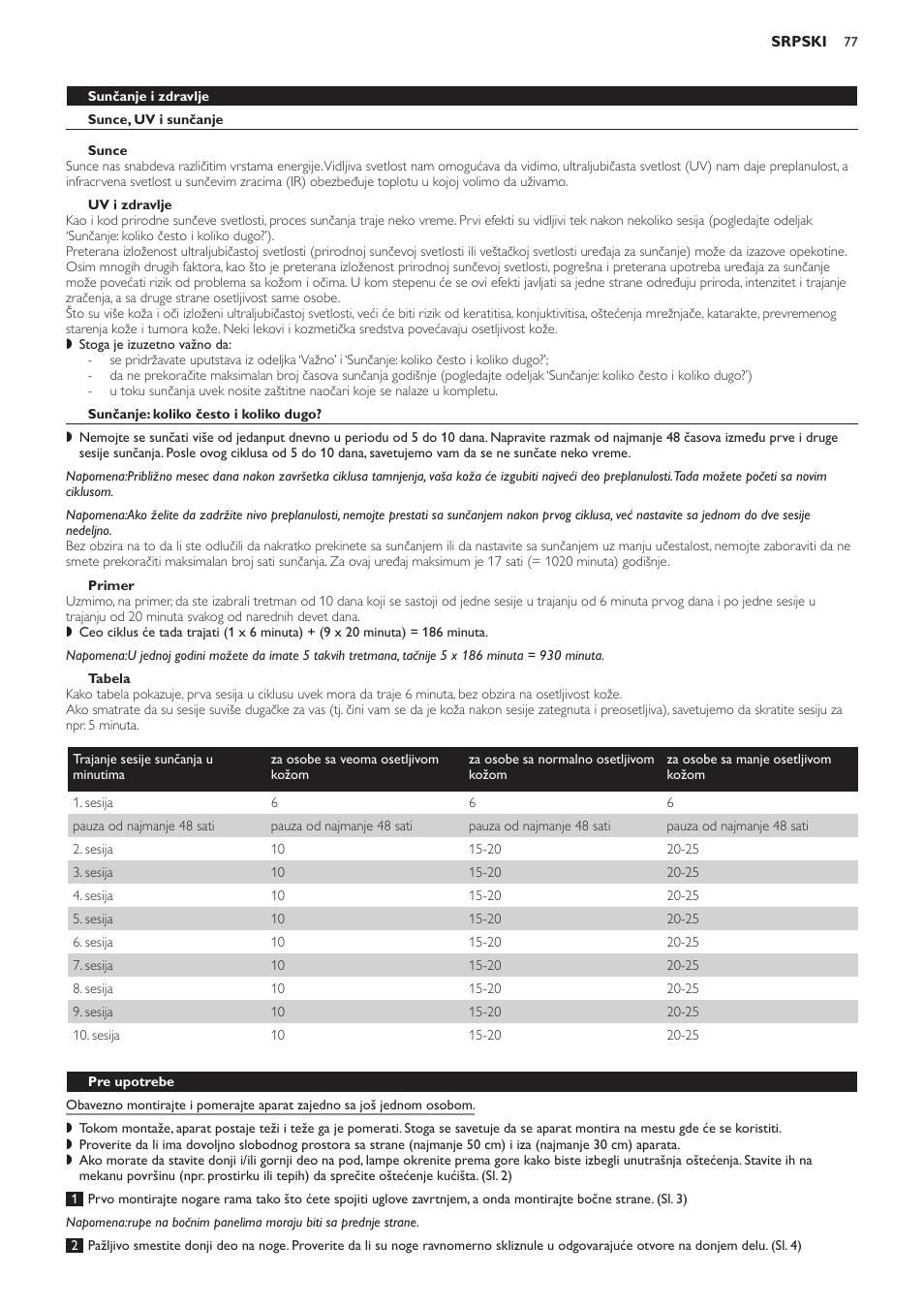 Sunčanje i zdravlje, Sunce, uv i sunčanje, Sunce | Uv i zdravlje, Sunčanje: koliko često i koliko dugo, Primer, Tabela, Pre upotrebe | Philips HB594 User Manual | Page 77 / 88