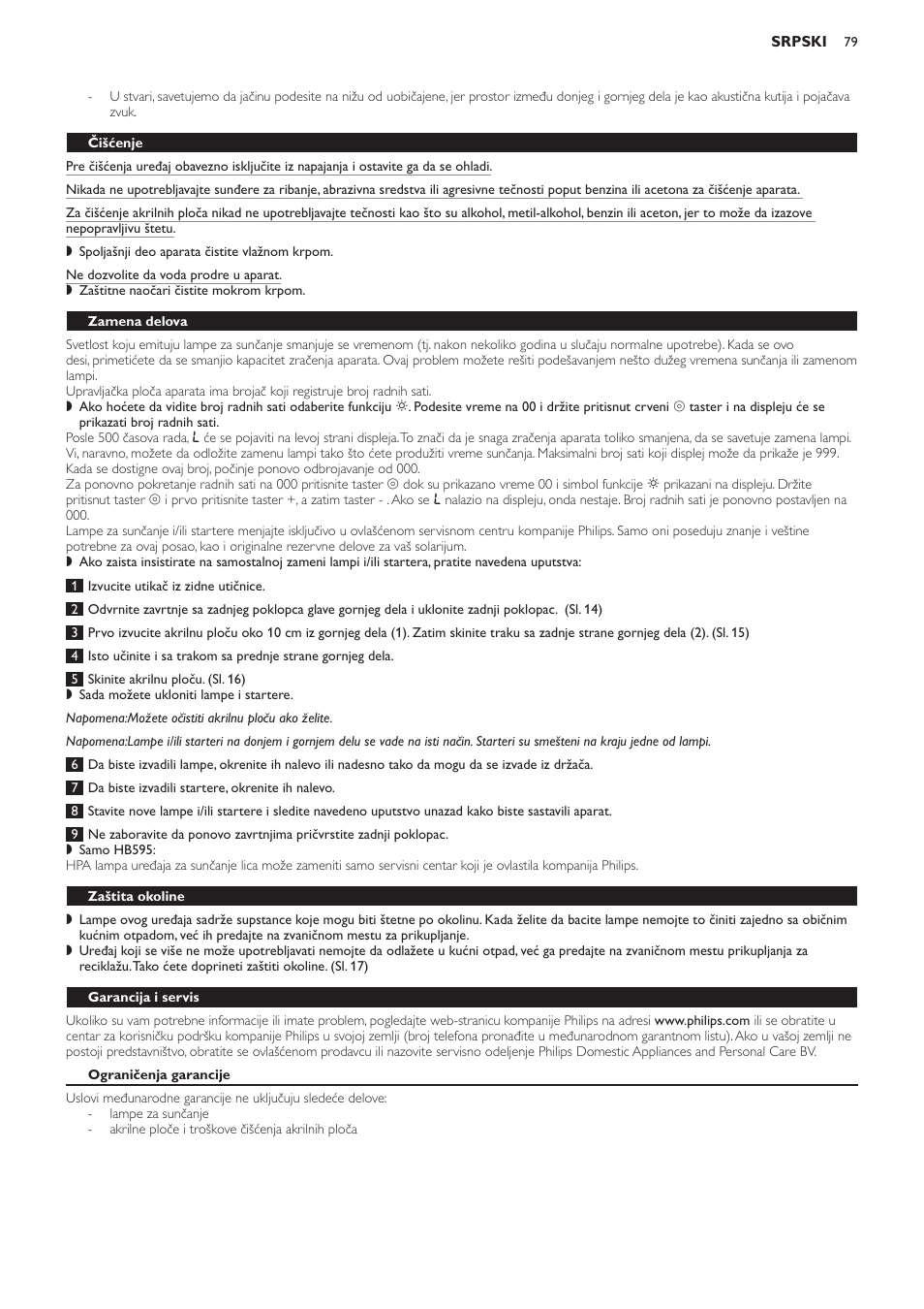 Čišćenje, Zamena delova, Zaštita okoline | Garancija i servis, Ograničenja garancije, Najčešća pitanja | Philips HB594 User Manual | Page 79 / 88