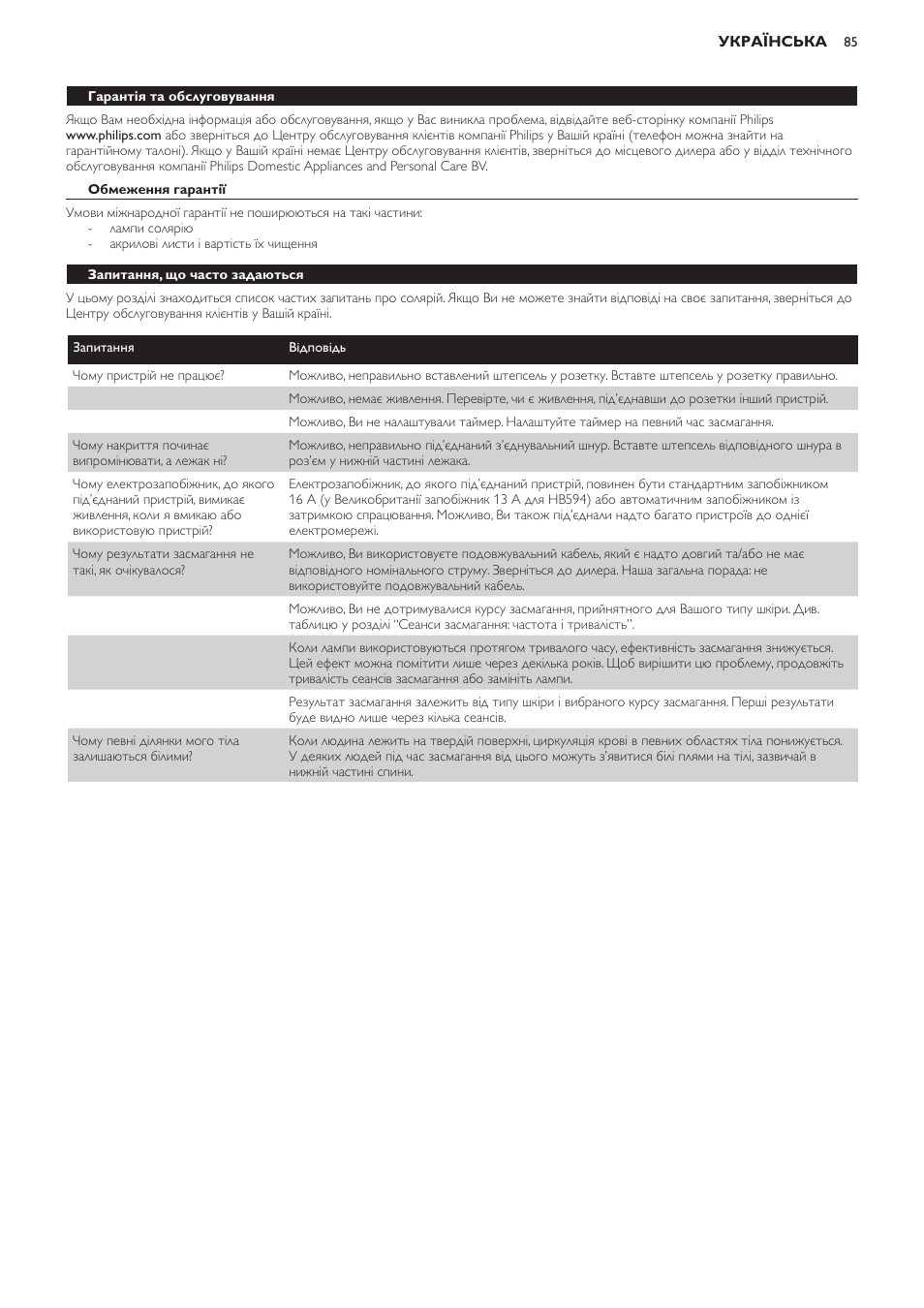 Обмеження гарантії, Запитання, що часто задаються | Philips HB594 User Manual | Page 85 / 88