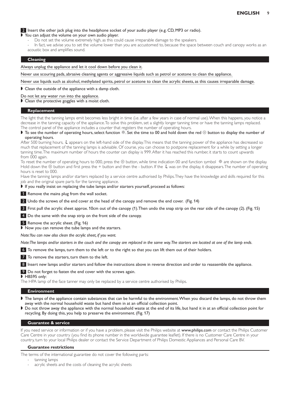 Cleaning, Replacement, Environment | Guarantee & service, Guarantee restrictions, Frequently asked questions | Philips HB594 User Manual | Page 9 / 88