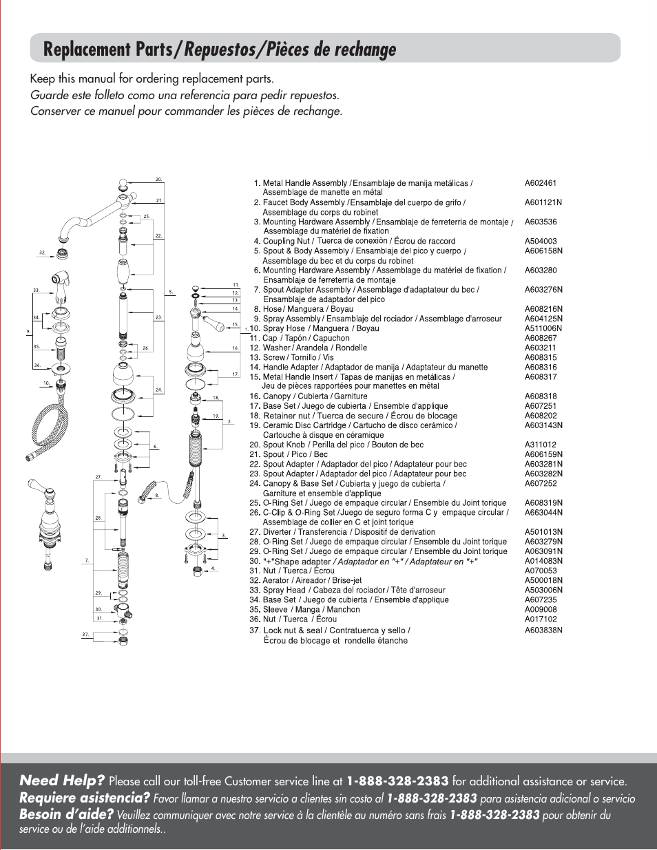 Replacement parts/ repuestos/pièces de rechange | Danze D414357 - Installation Manual User Manual | Page 6 / 6