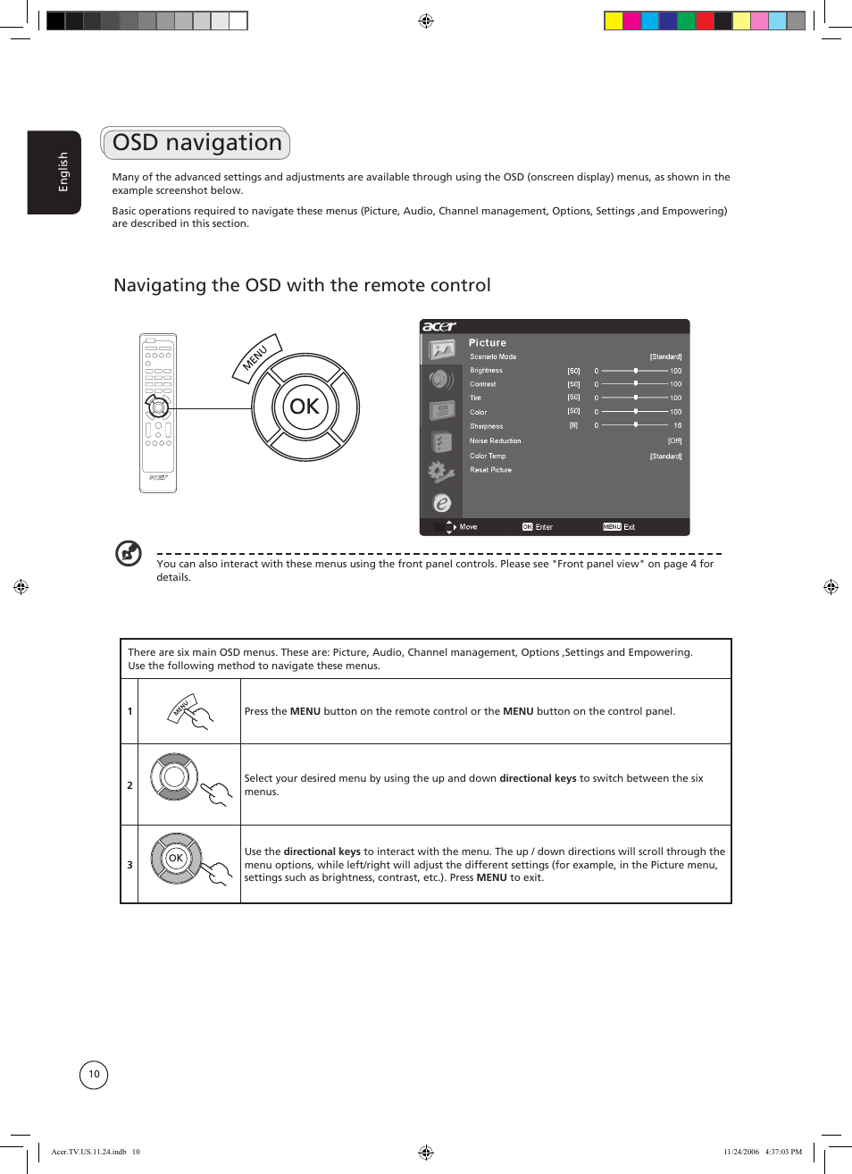 Osd navigation, Navigating the osd with the remote control | Acer AT3720A User Manual | Page 10 / 24