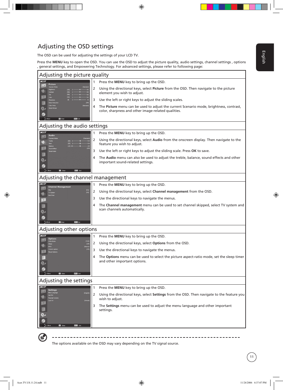 Adjusting the osd settings, Adjusting the picture quality, Adjusting the audio settings | Adjusting the channel management, Adjusting other options, Adjusting the settings | Acer AT3720A User Manual | Page 11 / 24