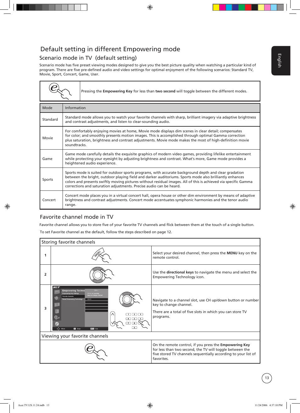 Default setting in different empowering mode, Scenario mode in tv (default setting), Favorite channel mode in tv | Acer AT3720A User Manual | Page 13 / 24