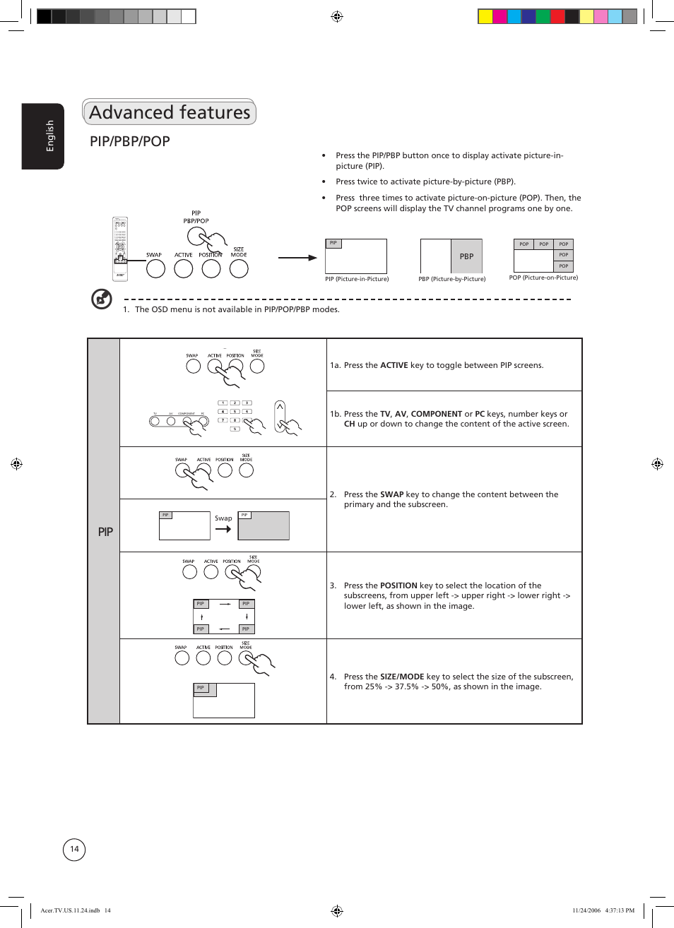 Advanced features, Pip/pbp/pop, Cc m ts w id e | Acer AT3720A User Manual | Page 14 / 24