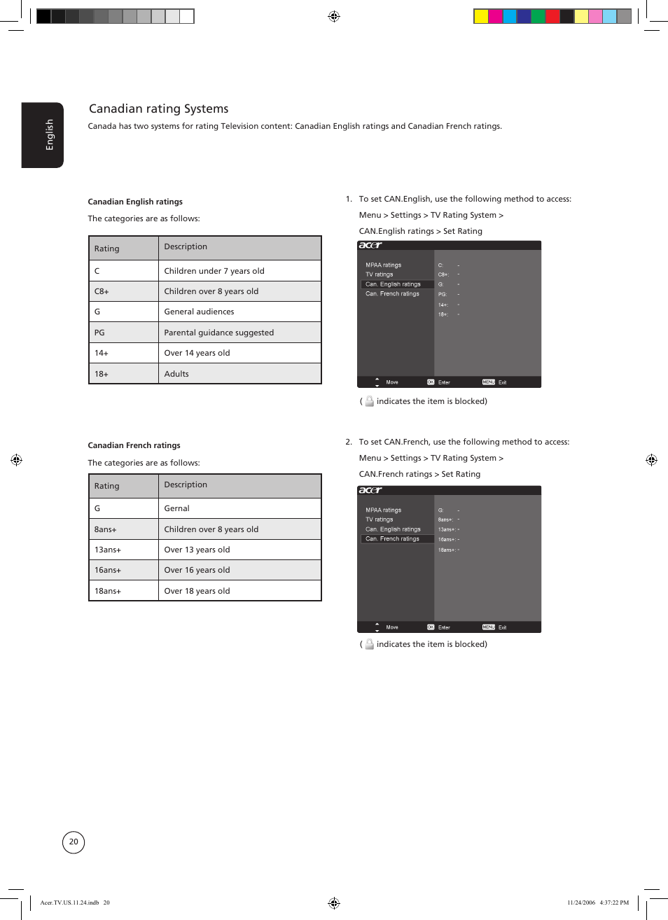 Canadian rating systems | Acer AT3720A User Manual | Page 20 / 24