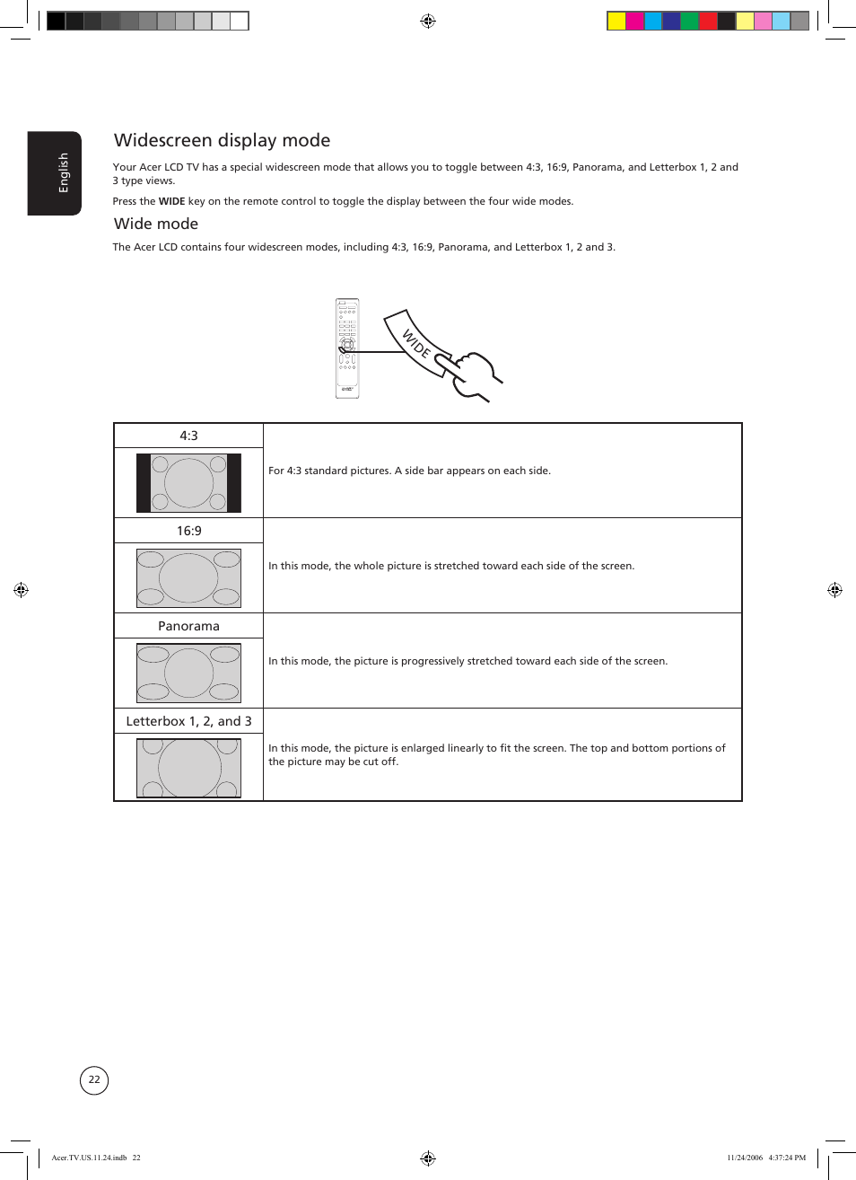 Widescreen display mode, Wide mode | Acer AT3720A User Manual | Page 22 / 24