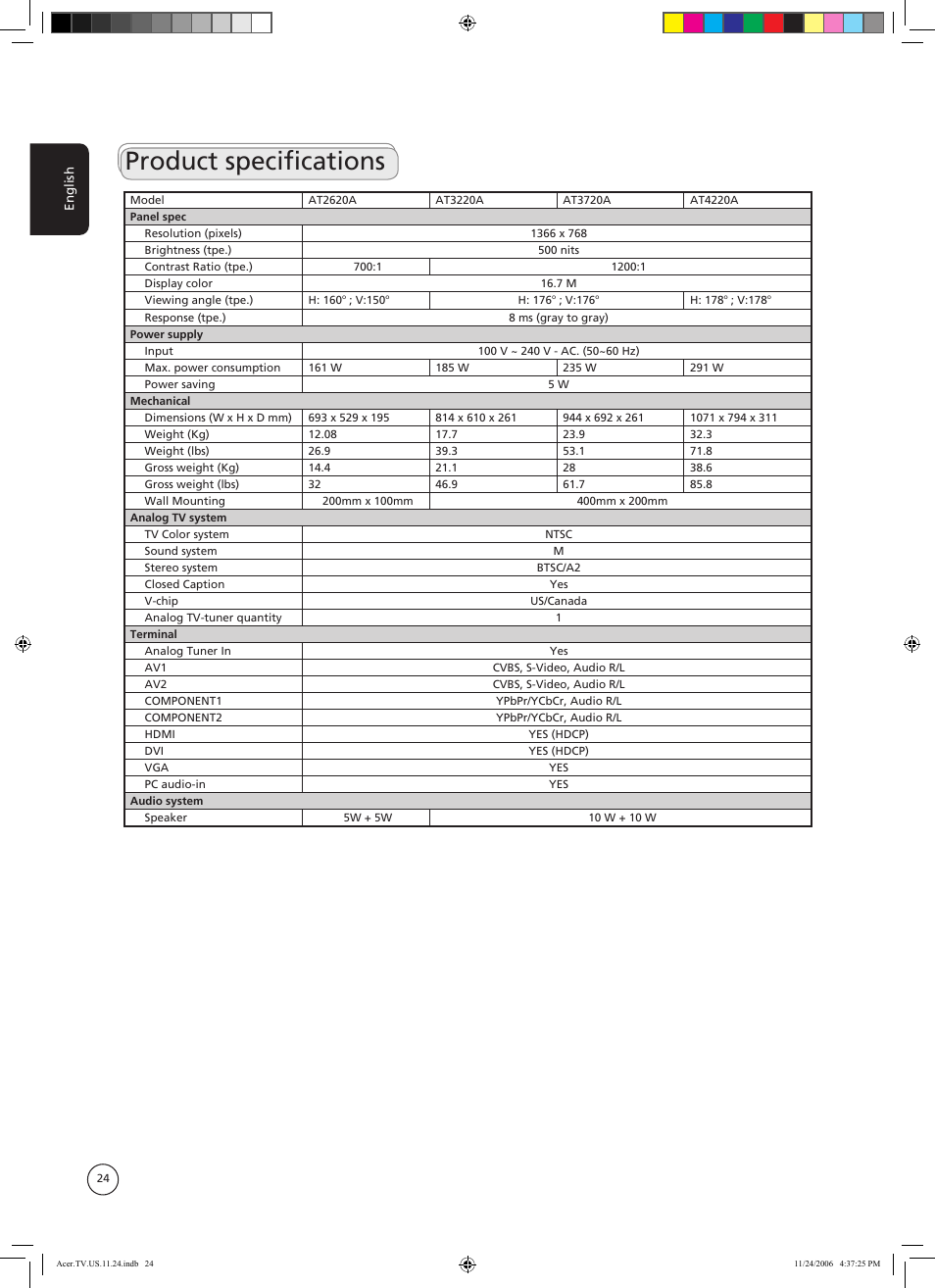 Product specifications | Acer AT3720A User Manual | Page 24 / 24