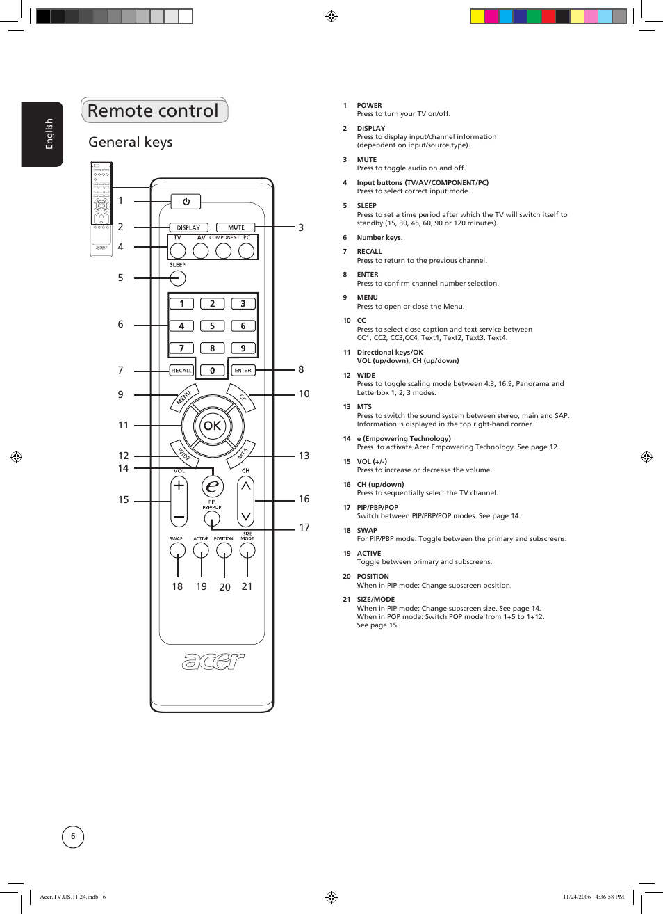 Remote control, General keys | Acer AT3720A User Manual | Page 6 / 24