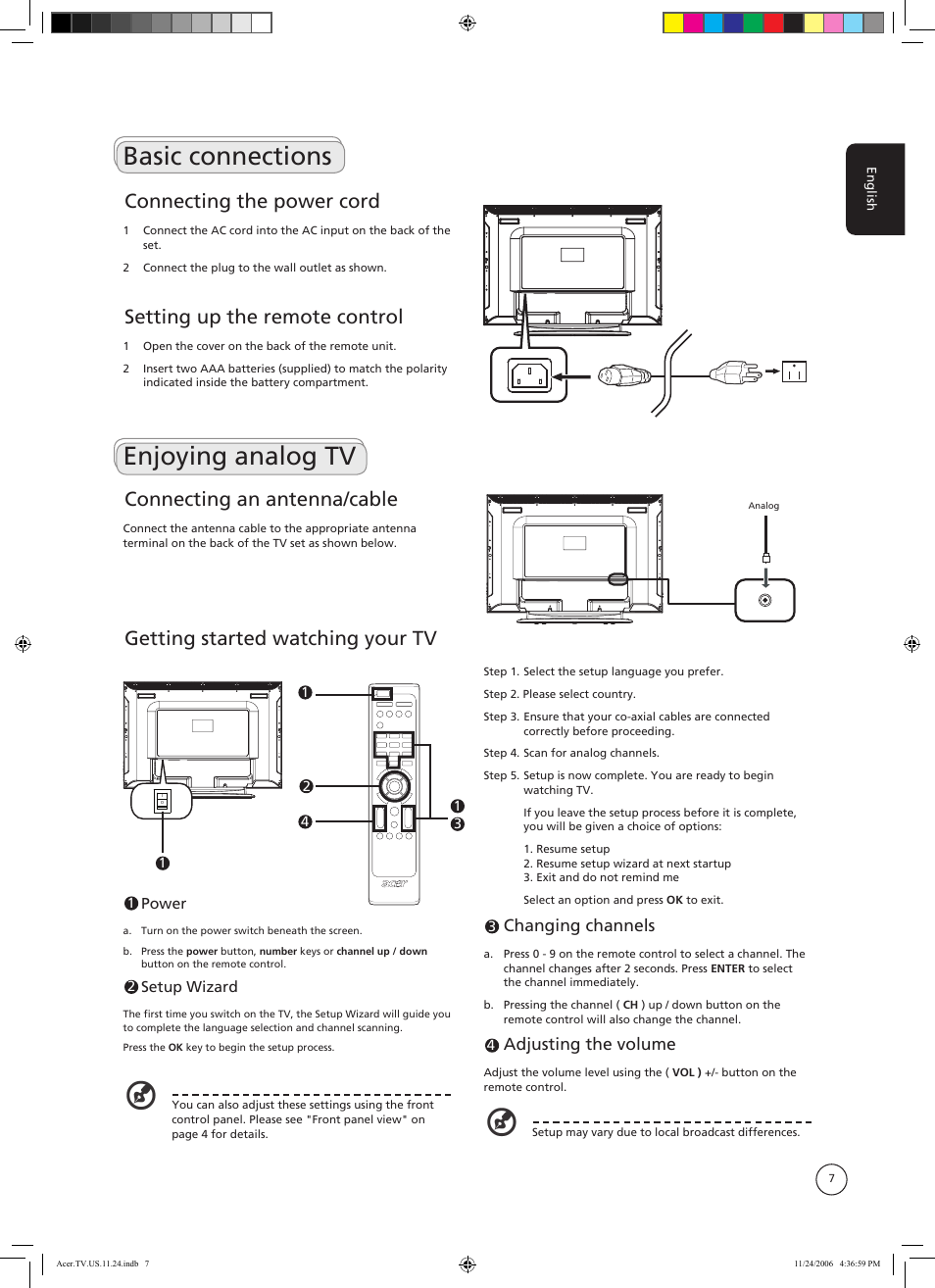 Basic connections, Enjoying analog tv, Connecting the power cord | Setting up the remote control, Getting started watching your tv, Connecting an antenna/cable, Changing channels, Adjusting the volume | Acer AT3720A User Manual | Page 7 / 24