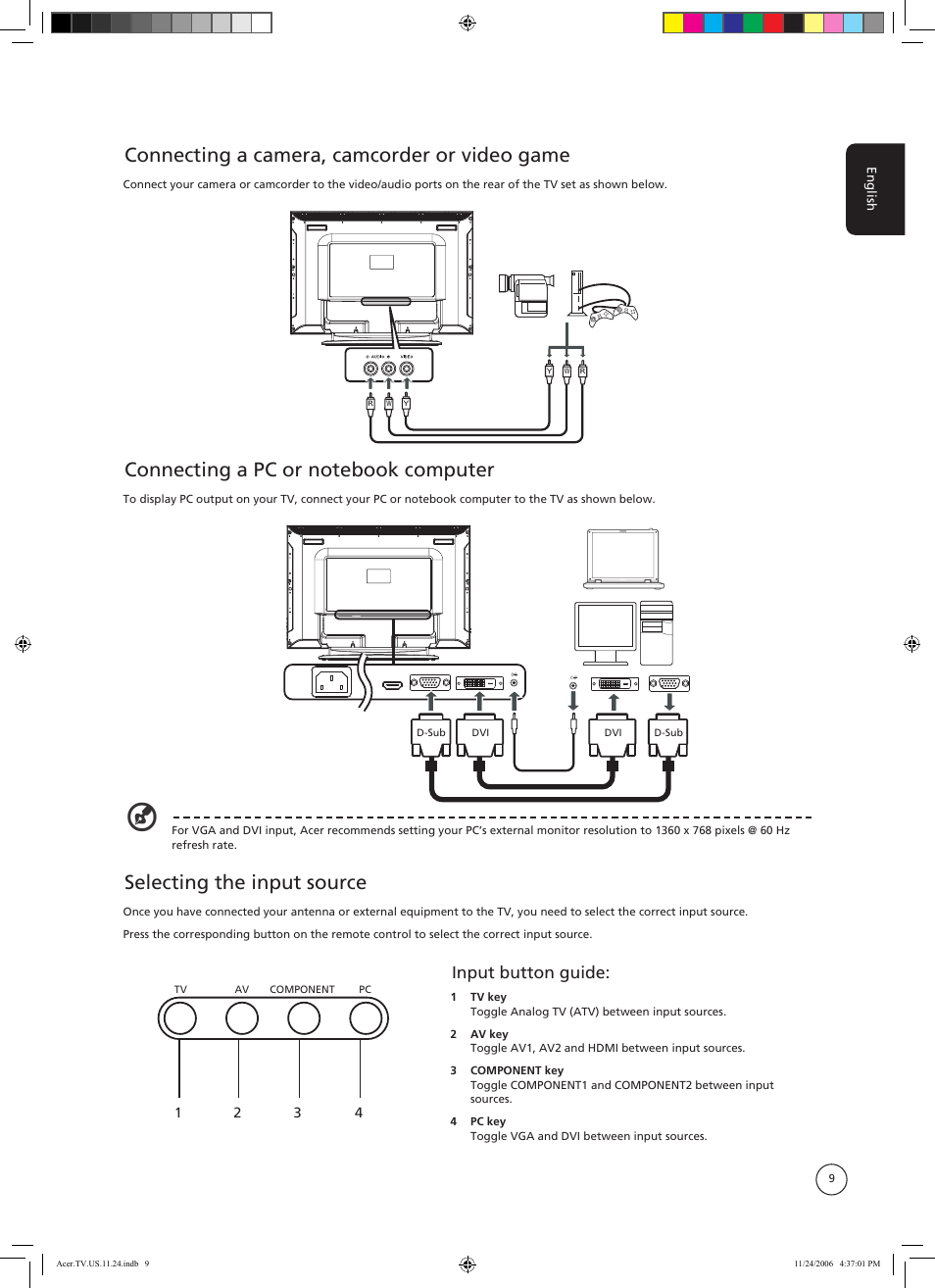 Connecting a camera, camcorder or video game, Selecting the input source, Input button guide | Acer AT3720A User Manual | Page 9 / 24