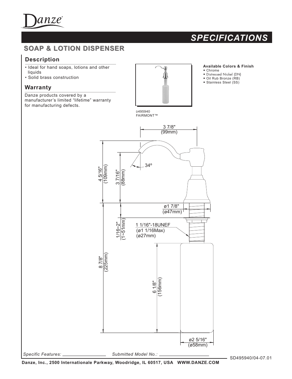 Danze D495940 - Spec Sheets User Manual | 1 page