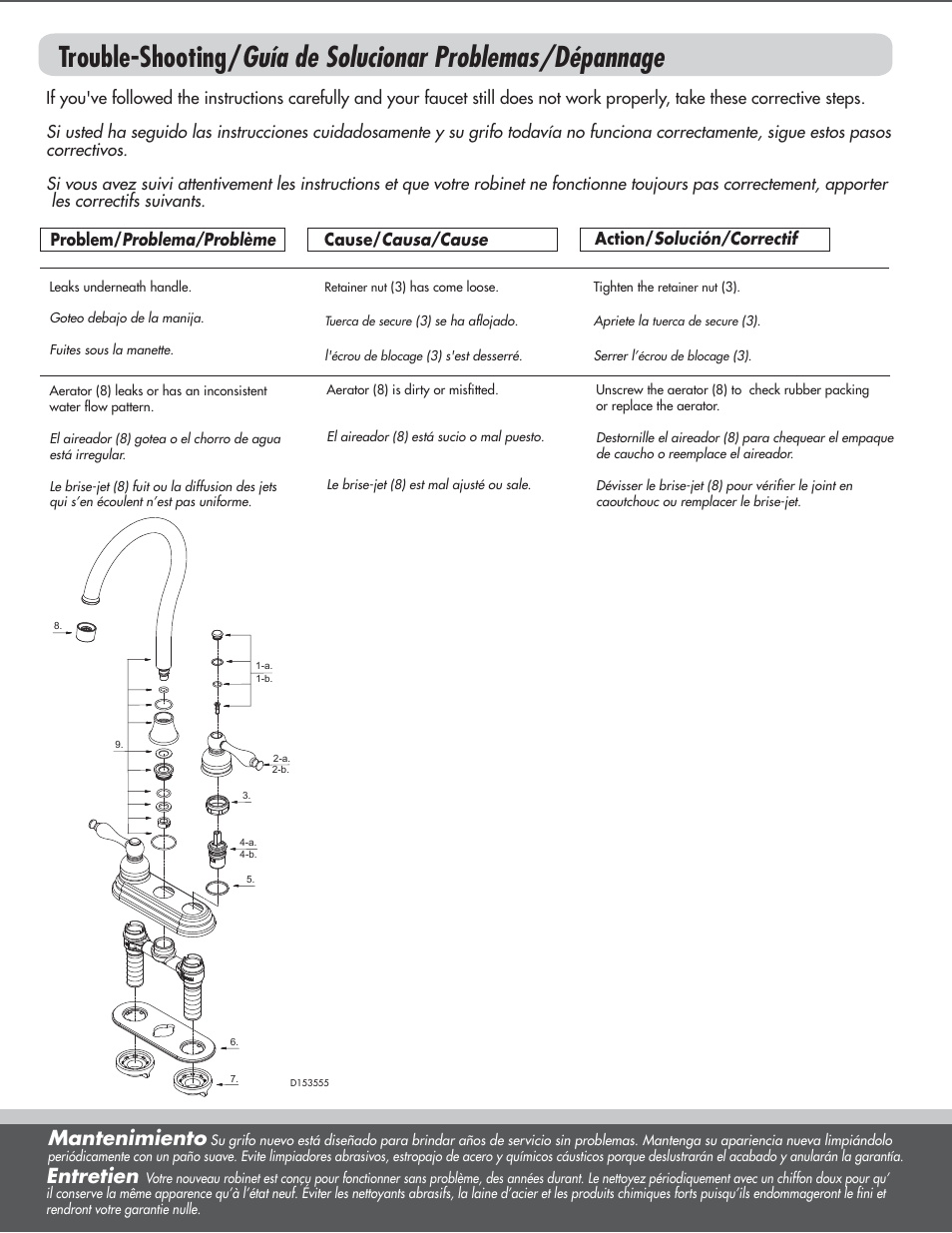 Mantenimiento, Entretien | Danze D153555 - Installation Manual User Manual | Page 3 / 3