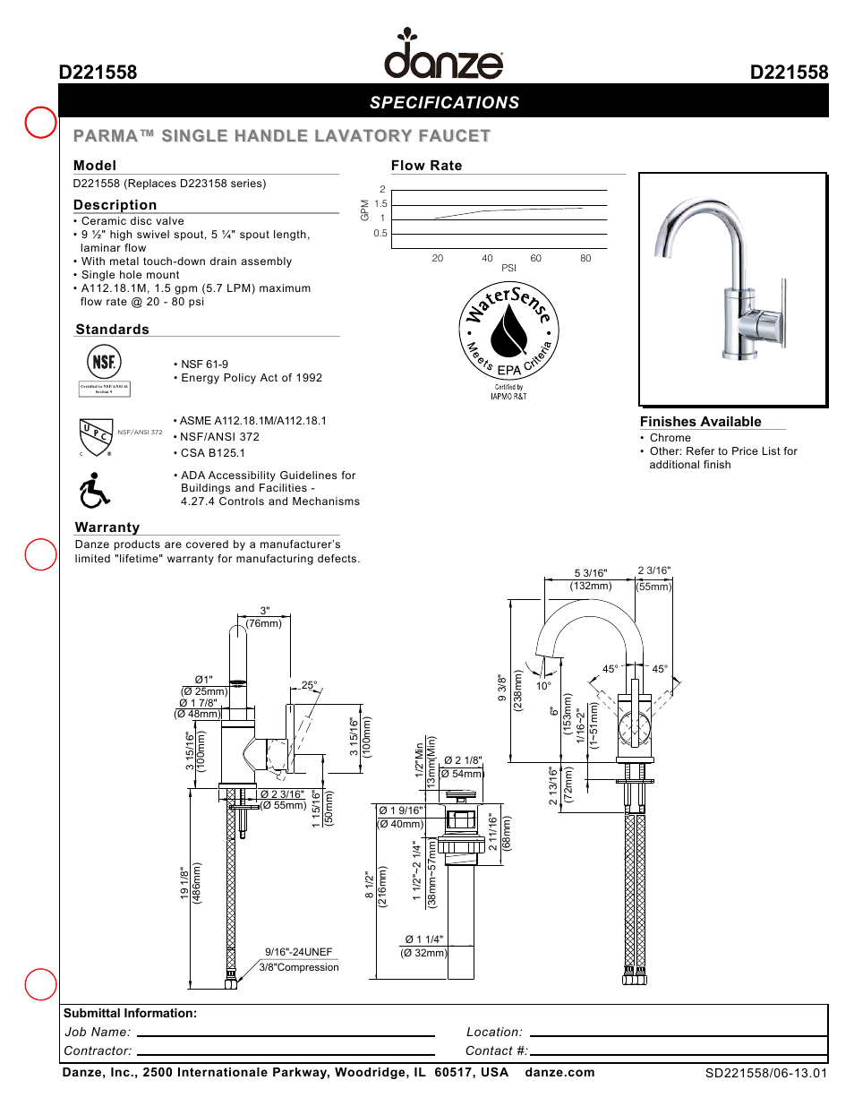Danze D221558 - Spec Sheets User Manual | 1 page