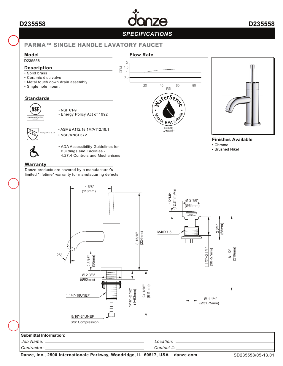 Danze D235558 User Manual | 1 page