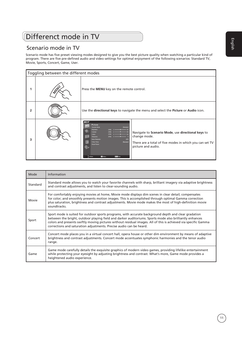 Differenct mode in tv, Scenario mode in tv | Acer AT3730B User Manual | Page 11 / 22