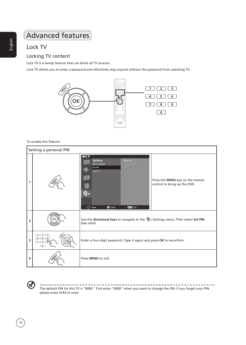 Advanced features, Lock tv, Locking tv content | Acer AT3730B User Manual | Page 12 / 22