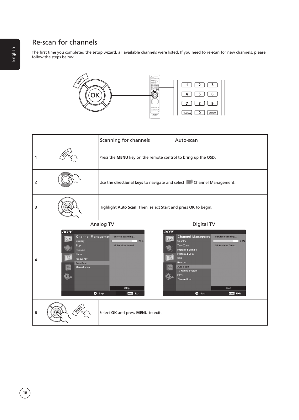 Re-scan for channels, Scanning for channels auto-scan, Analog tv digital tv | English | Acer AT3730B User Manual | Page 16 / 22