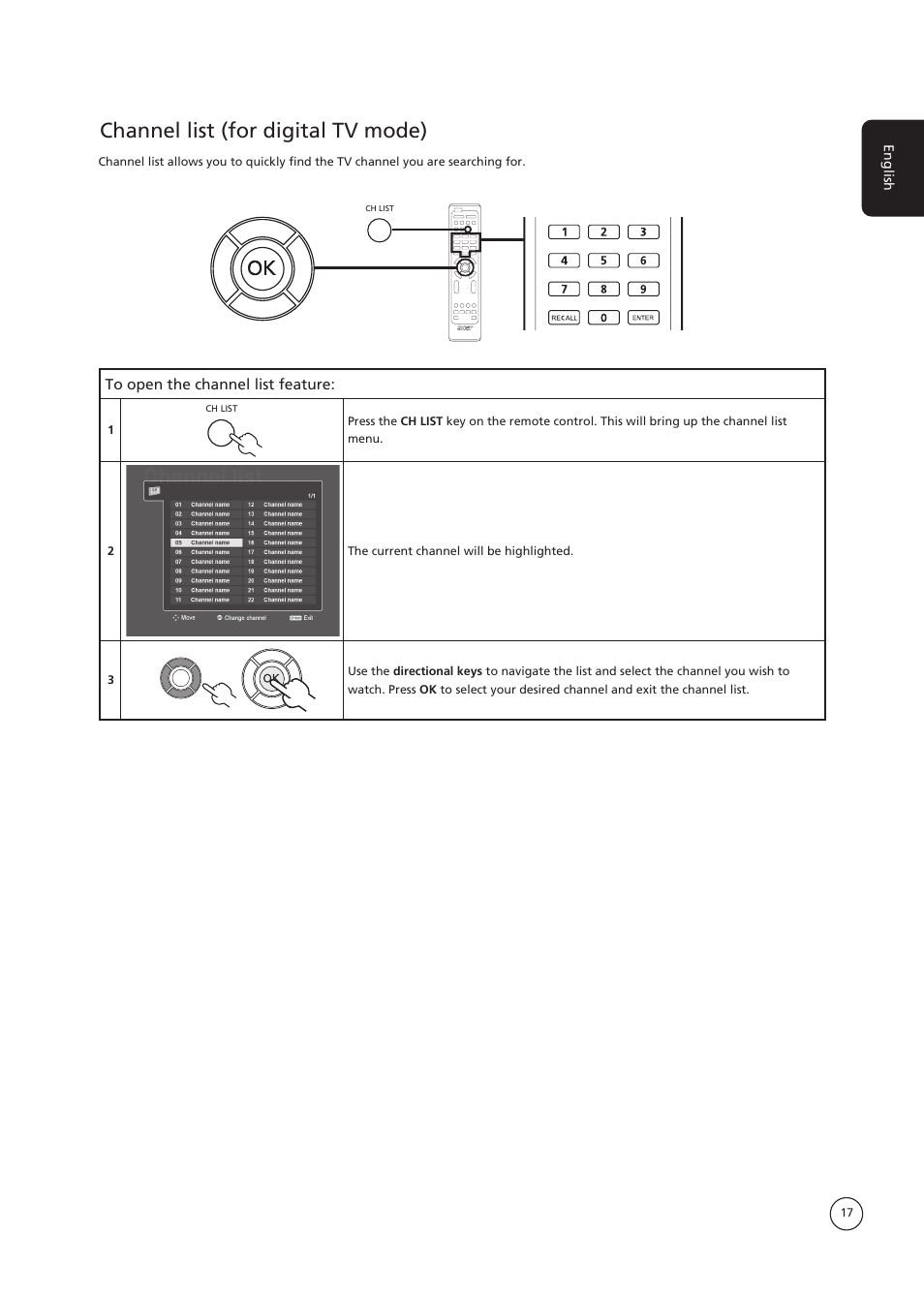 Channel list (for digital tv mode), English | Acer AT3730B User Manual | Page 17 / 22