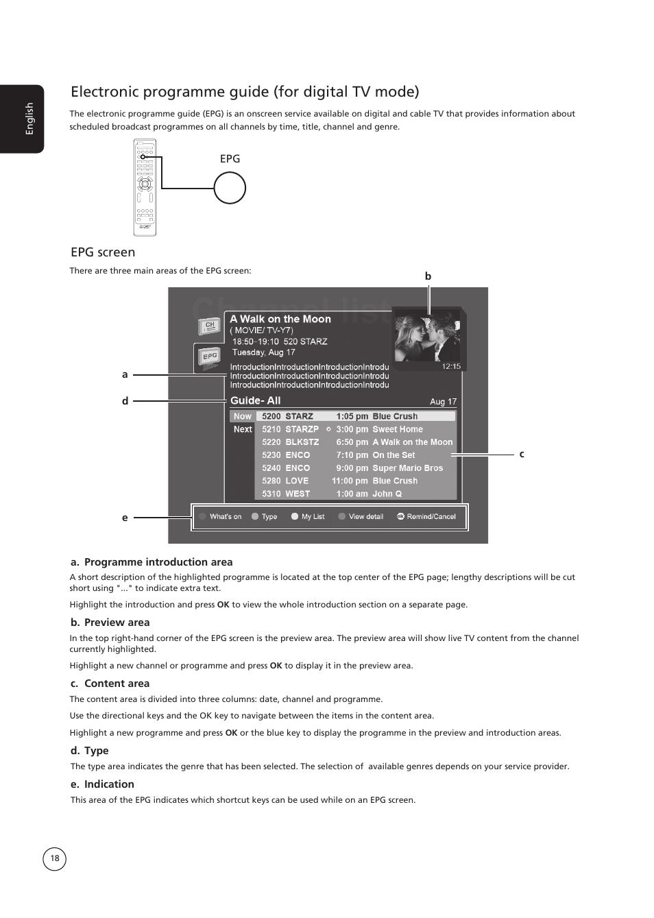 Electronic programme guide (for digital tv mode), Epg screen | Acer AT3730B User Manual | Page 18 / 22