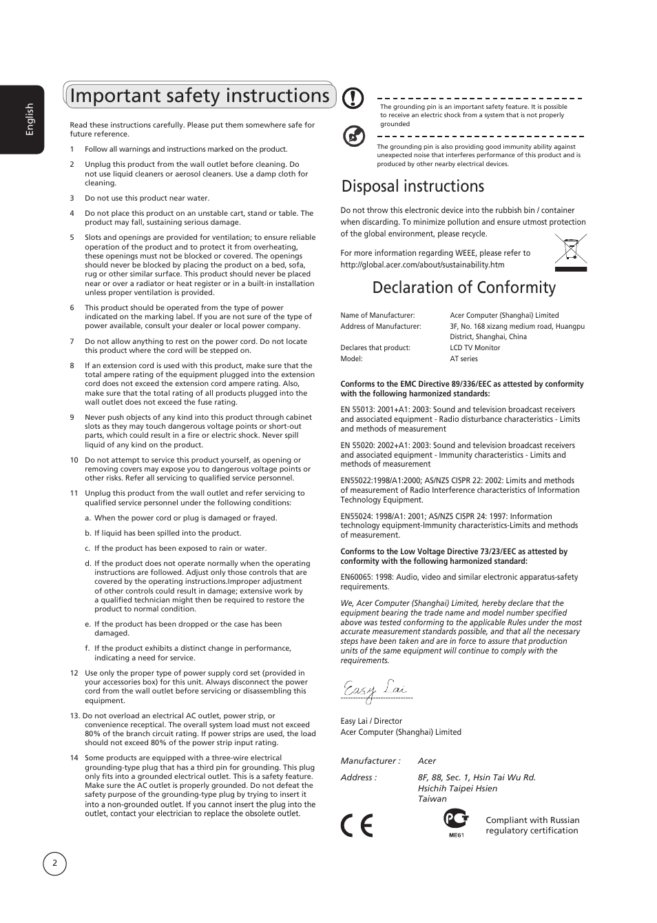 Important safety instructions, Disposal instructions, Declaration of conformity | Acer AT3730B User Manual | Page 2 / 22