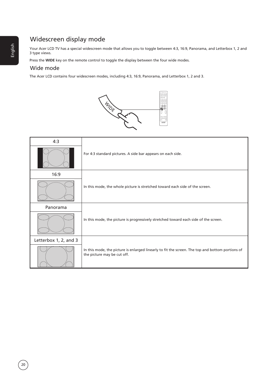 Widescreen display mode, Wide mode | Acer AT3730B User Manual | Page 20 / 22