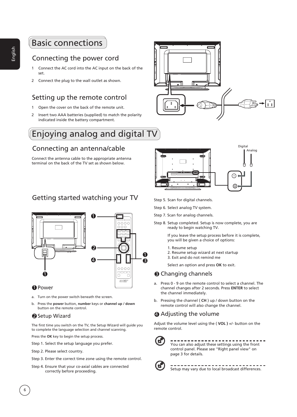 Basic connections, Enjoying analog and digital tv, Connecting the power cord | Setting up the remote control, Getting started watching your tv, Connecting an antenna/cable, Changing channels, Adjusting the volume | Acer AT3730B User Manual | Page 6 / 22