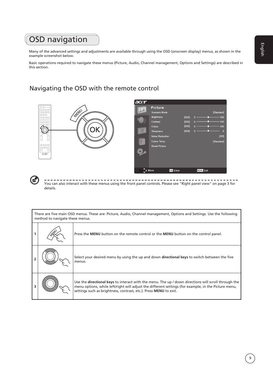 Osd navigation, Navigating the osd with the remote control | Acer AT3730B User Manual | Page 9 / 22