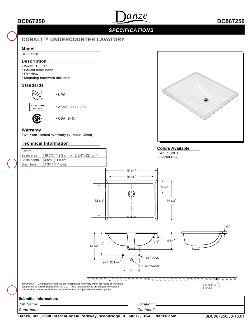 Danze DC067250 - Spec Sheets User Manual | 1 page