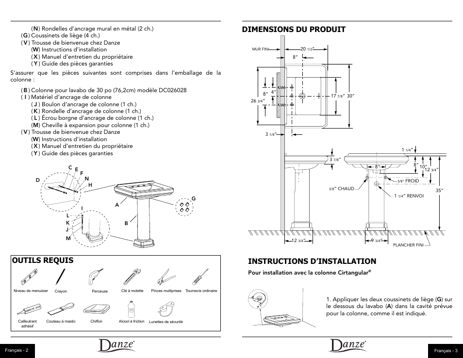 Outils requis, Dimensions du produit, Instructions d’installation | Danze DC028110 - Installation Manual User Manual | Page 11 / 14