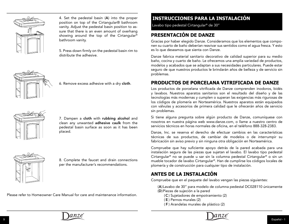 Presentación de danze, Productos de porcelana vitrificada de danze, Antes de la instalación | Instrucciones para la instalación | Danze DC028110 - Installation Manual User Manual | Page 6 / 14