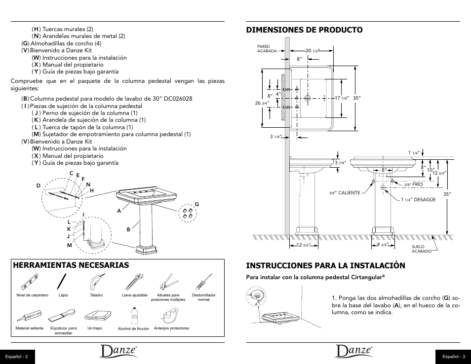Herramientas necesarias, Dimensiones de producto, Instrucciones para la instalación | Danze DC028110 - Installation Manual User Manual | Page 7 / 14