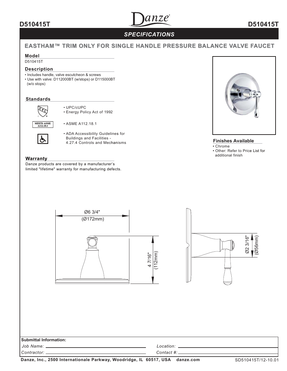 Danze D510415T - Spec Sheets User Manual | 1 page