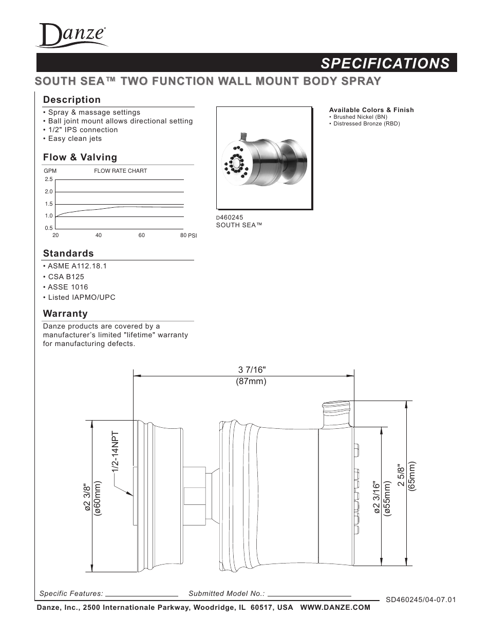Danze D460245 - Spec Sheets User Manual | 1 page