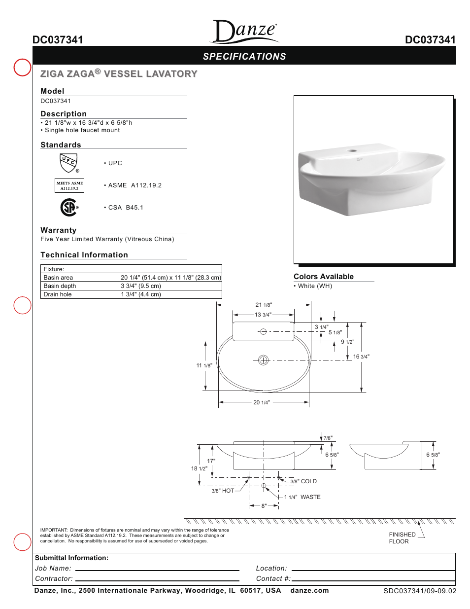 Danze DC037341 - Spec Sheets User Manual | 1 page