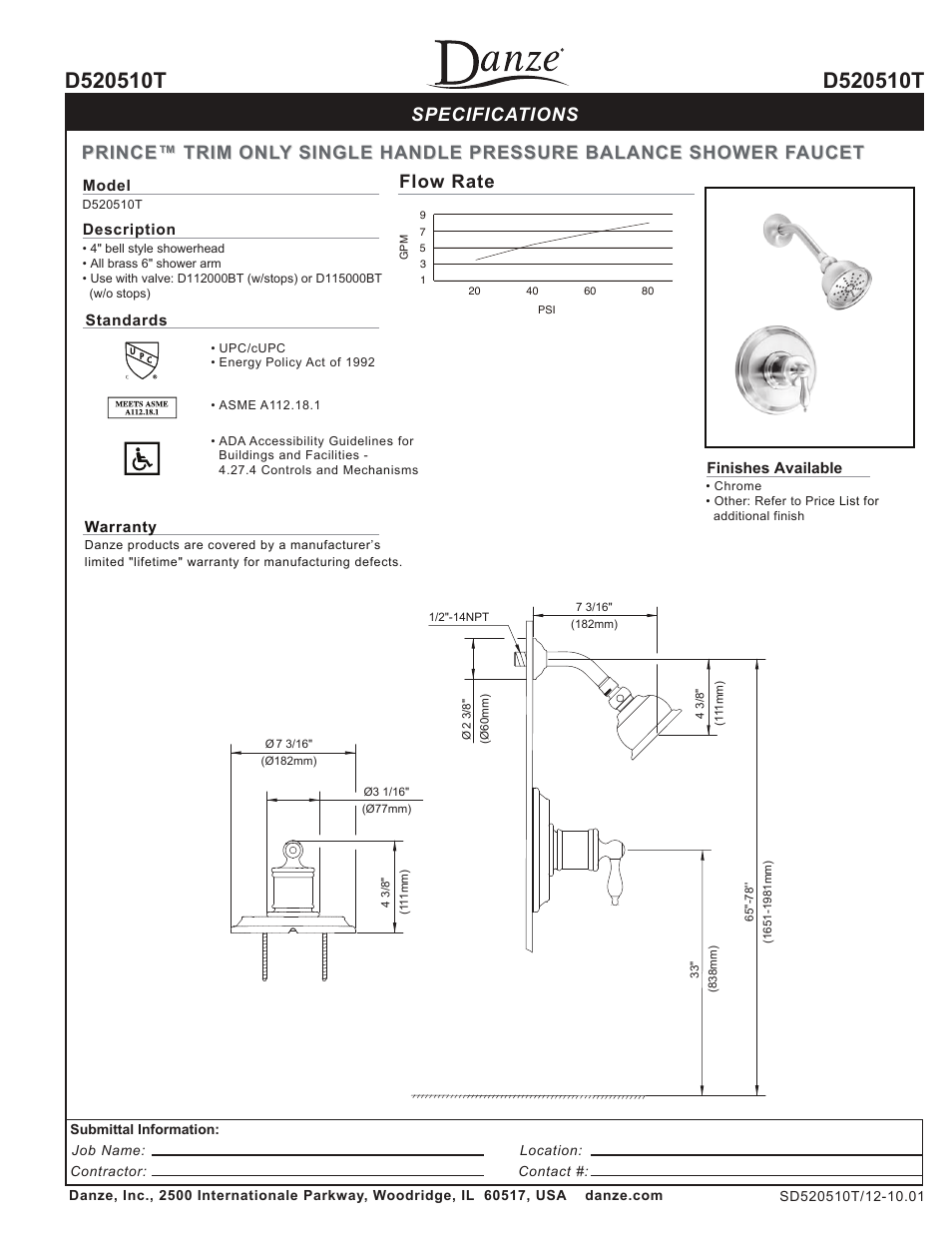 Danze D520510T - Spec Sheets User Manual | 1 page