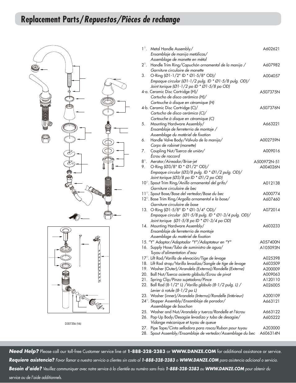 Replacement parts/ repuestos/pièces de rechange | Danze D307356 - Installation Manual User Manual | Page 6 / 6