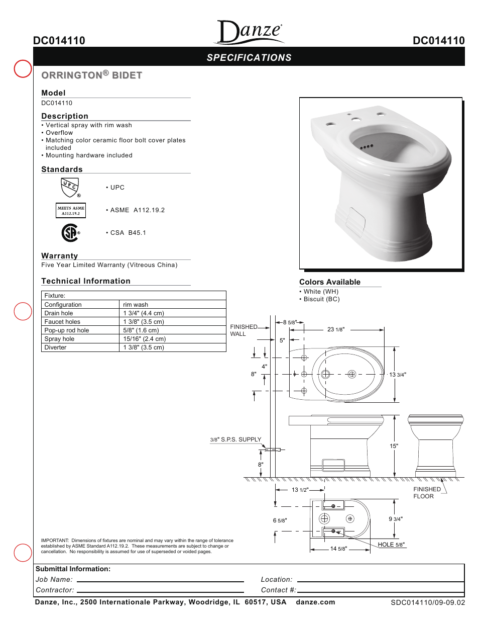 Danze DC014110 - Spec Sheets User Manual | 1 page