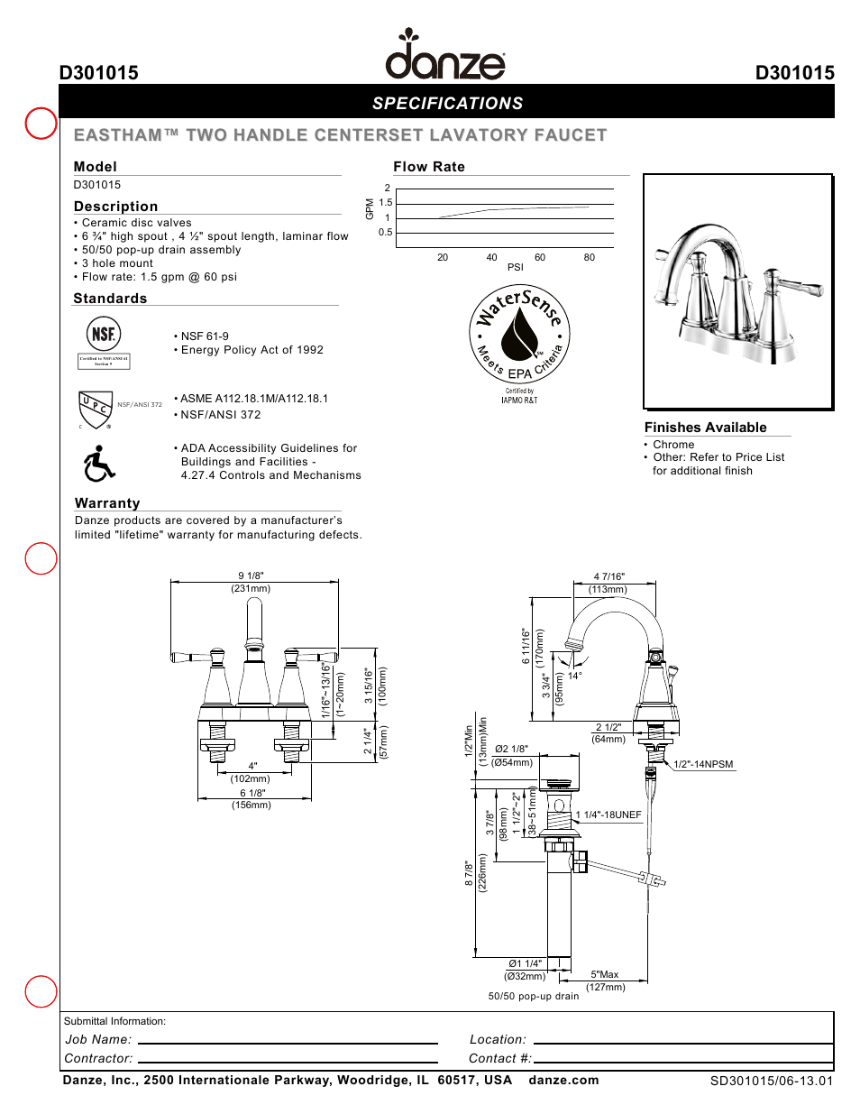 Danze D301015 - Spec Sheets User Manual | 1 page