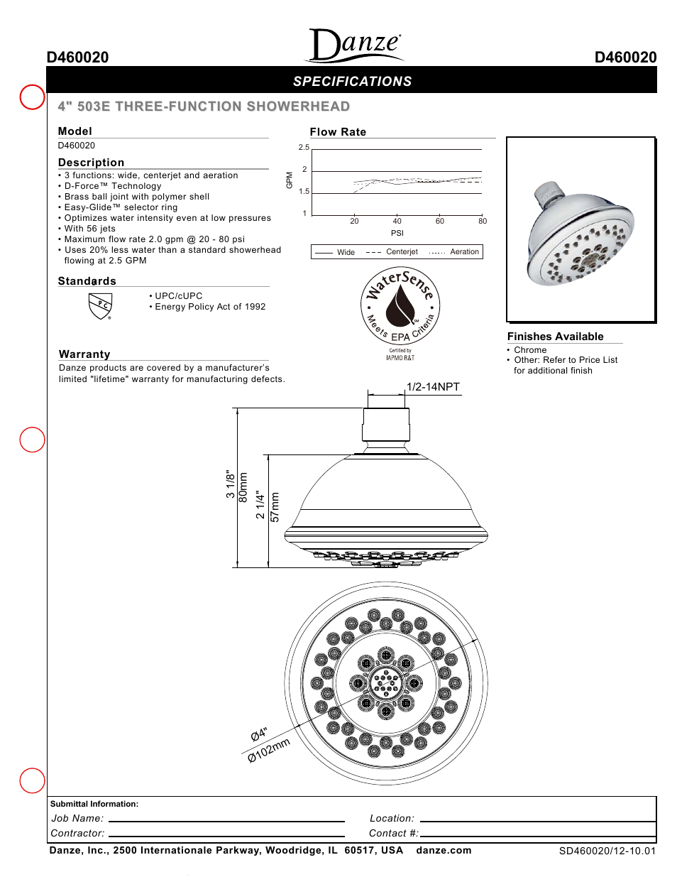 Danze D460020 - Spec Sheets User Manual | 1 page