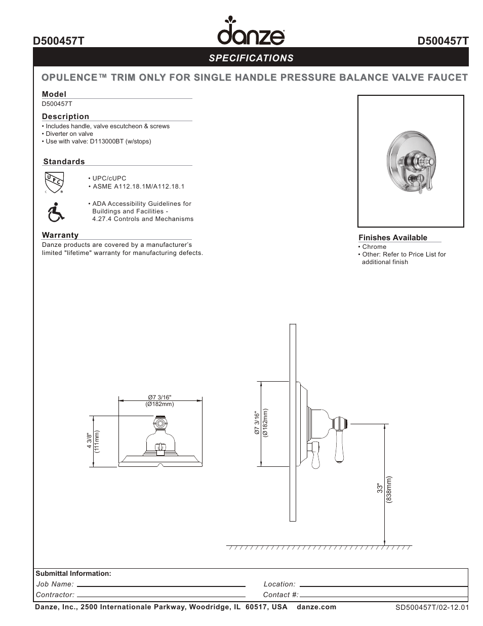 Danze D500457T - Spec Sheets User Manual | 1 page