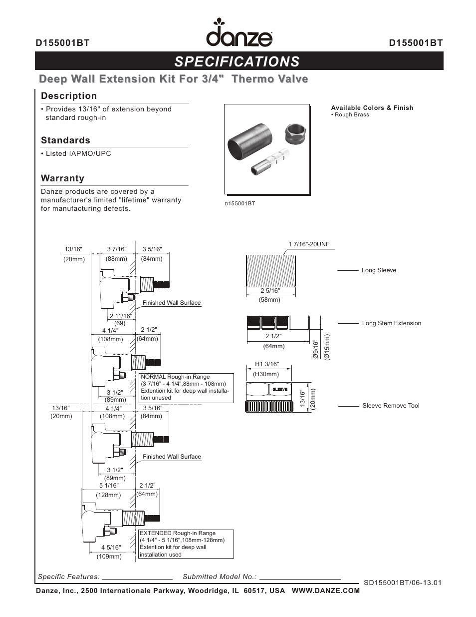 Danze D155001BT - Spec Sheets User Manual | 1 page