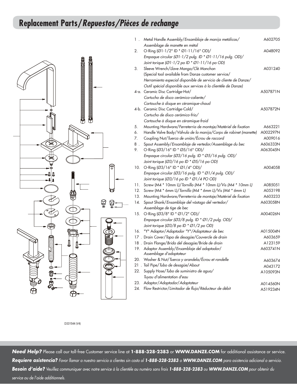 Replacement parts/ repuestos/pièces de rechange | Danze D331544 - Installation Manual User Manual | Page 8 / 8