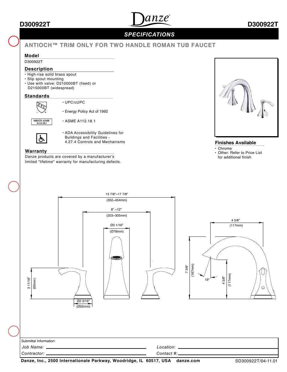 Danze D300922T - Spec Sheets User Manual | 1 page