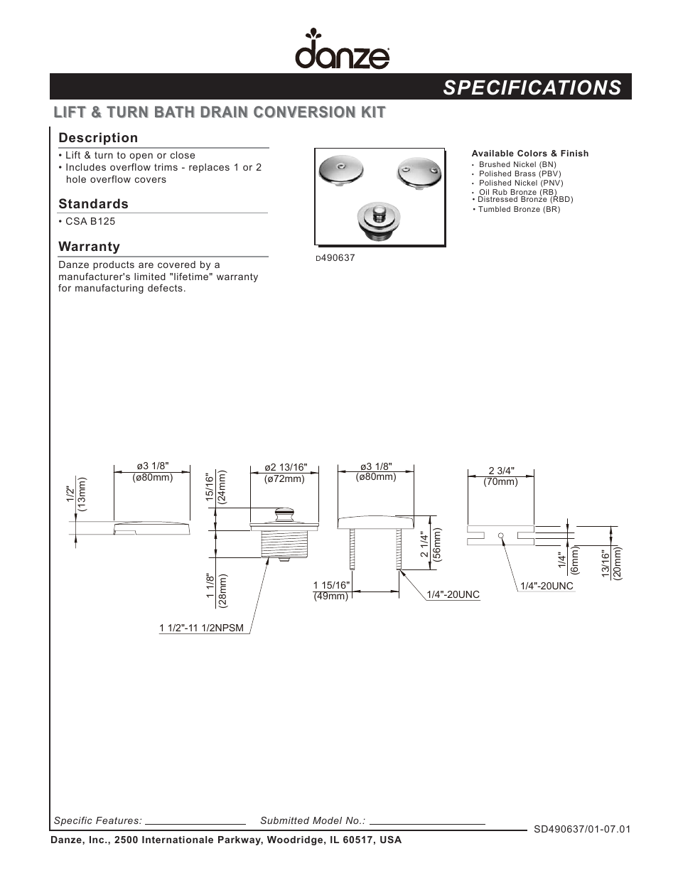 Danze D490637 User Manual | 1 page