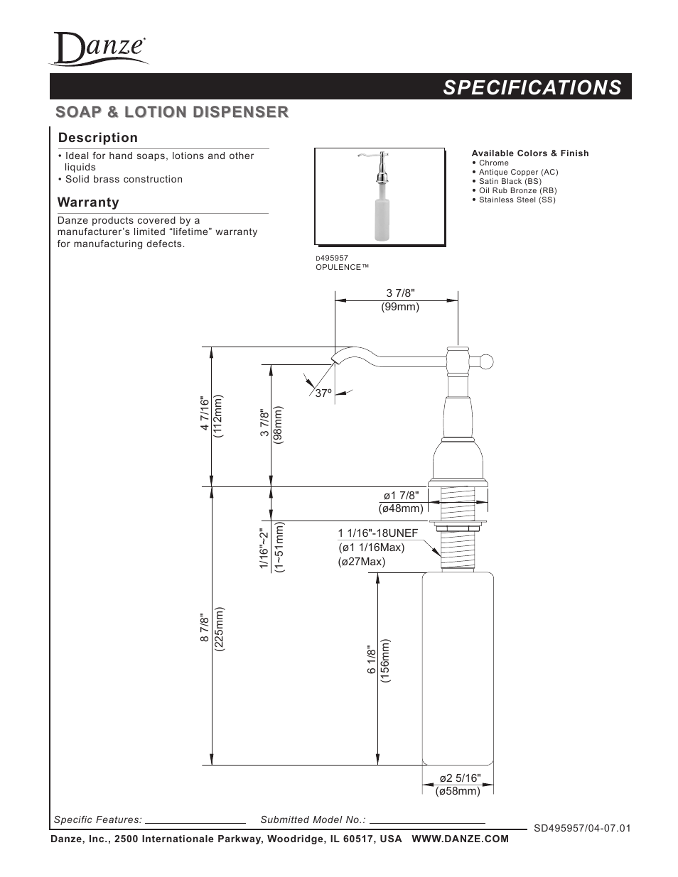 Danze D495957 - Spec Sheets User Manual | 1 page