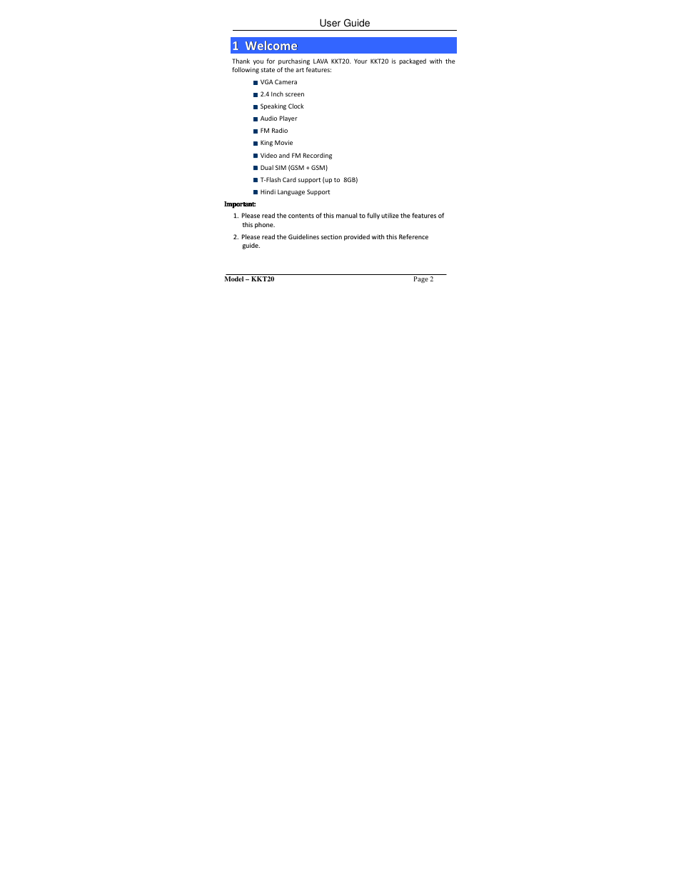 User guide | Lava Mobiles KKT 20 User Manual | Page 2 / 32